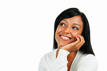 simsearch:400-05677069,k - Smiling black woman looking up isolated on white background Fotografie stock - Microstock e Abbonamento, Codice: 400-05677064