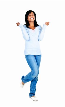simsearch:400-05677069,k - Excited black woman with eyes closed isolated on white background Fotografie stock - Microstock e Abbonamento, Codice: 400-05677074