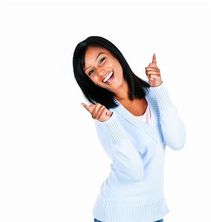 simsearch:400-05677069,k - Smiling black woman pointing up isolated on white background Fotografie stock - Microstock e Abbonamento, Codice: 400-05677077