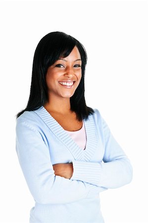 simsearch:400-05677069,k - Smiling black woman with arms crossed isolated on white background Fotografie stock - Microstock e Abbonamento, Codice: 400-05677071