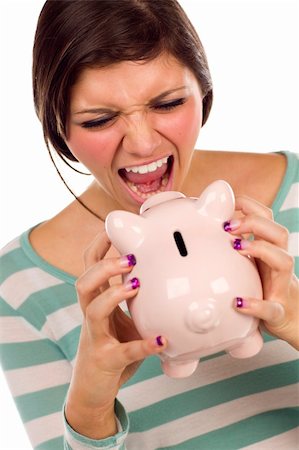portrait screaming girl - Angry Ethnic Female Yelling At Her Piggy Bank Isolated on a White Background. Stock Photo - Budget Royalty-Free & Subscription, Code: 400-05678070