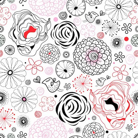 seamless floral pattern graphic on a white background with birds Stock Photo - Budget Royalty-Free & Subscription, Code: 400-05679996