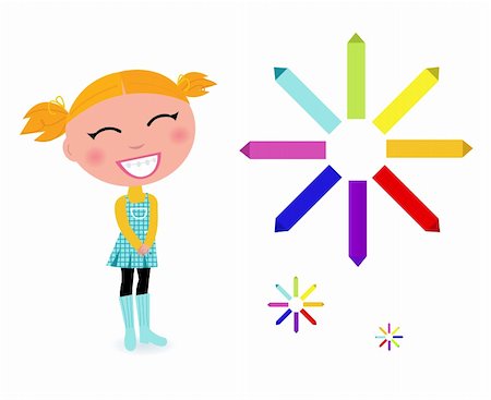 rainbow clipart for education - Cute cartoon girl with colorful pastels - vector Illustration Stock Photo - Budget Royalty-Free & Subscription, Code: 400-05670226