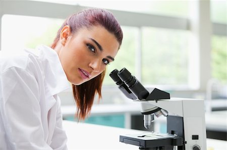 Brunette posing with a microscope while looking at the camera Stock Photo - Budget Royalty-Free & Subscription, Code: 400-05670354