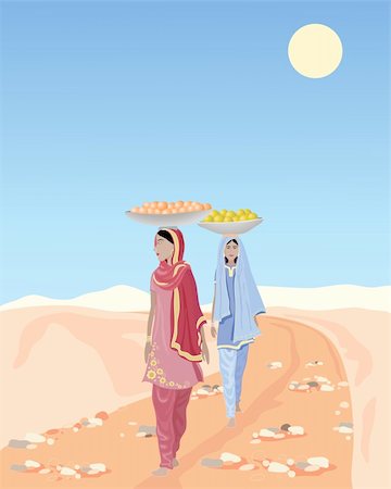 simsearch:400-05706113,k - an illustration of two asian ladies carrying fruit along a rural dirt track under a blue sky Stock Photo - Budget Royalty-Free & Subscription, Code: 400-05670924