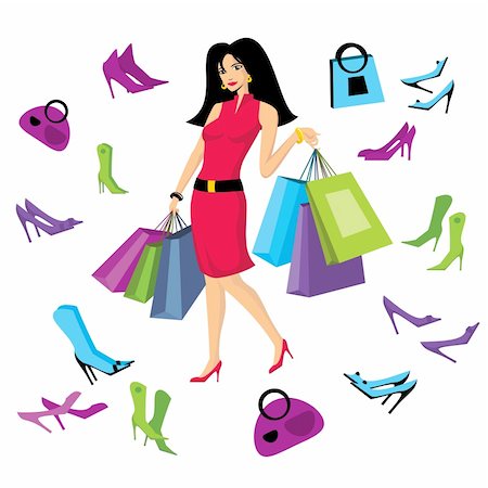 shoe store shopping girl images - pretty girl with bags illustration Stock Photo - Budget Royalty-Free & Subscription, Code: 400-05671848