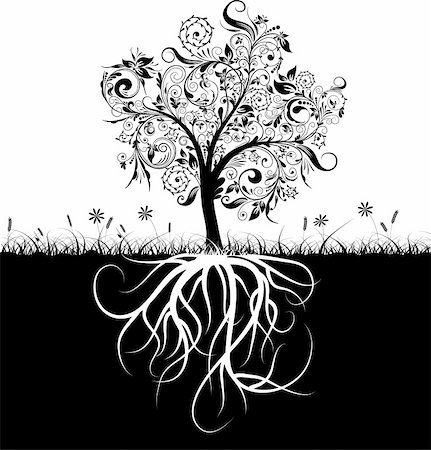 floral ornaments with flowers and birds - Decorative tree and roots, grass, vector illustration Stock Photo - Budget Royalty-Free & Subscription, Code: 400-05671923