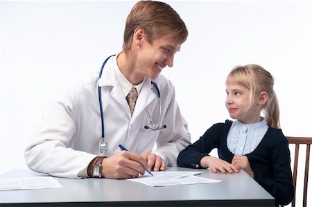 simsearch:400-08935984,k - The doctor in a white dressing gown and the little girl at it on reception Stock Photo - Budget Royalty-Free & Subscription, Code: 400-05672147