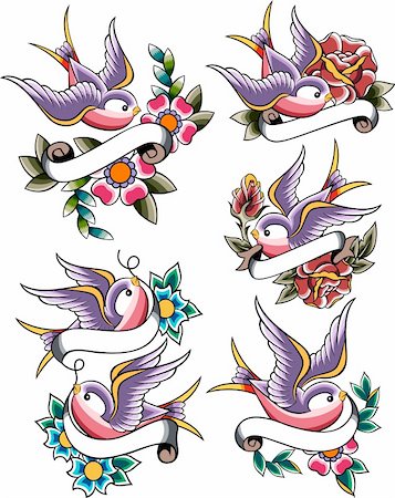 decorative flowers and birds for greetings card - swallow tattoo icon set Stock Photo - Budget Royalty-Free & Subscription, Code: 400-05672347