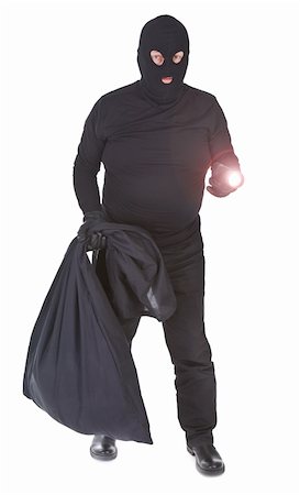 picture of a person wearing a black hat - robber with flashlight and sack isolated on whitebackground Stock Photo - Budget Royalty-Free & Subscription, Code: 400-05672527