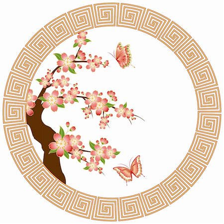 simsearch:400-06554755,k - Oriental cherry blossom with butterfly wallpaper Stock Photo - Budget Royalty-Free & Subscription, Code: 400-05672598