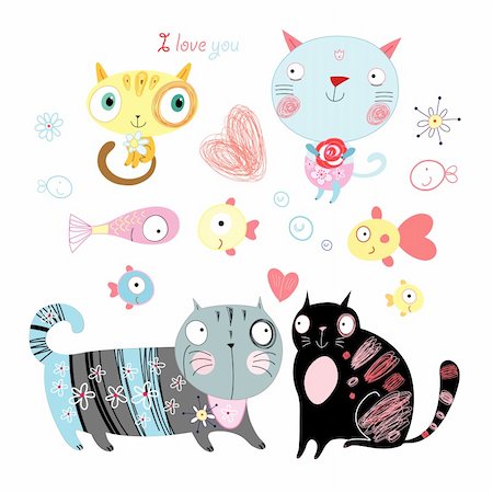 drawing designs for greeting card - graphic love cats on a white background decorative Stock Photo - Budget Royalty-Free & Subscription, Code: 400-05672640