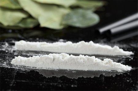 Cocaine powder (substituted by flour) in lines ready for insufflating photographed on black with dried coca leaves in the back (Selective Focus, Focus on the front of the first cocaine line) Photographie de stock - Aubaine LD & Abonnement, Code: 400-05673004