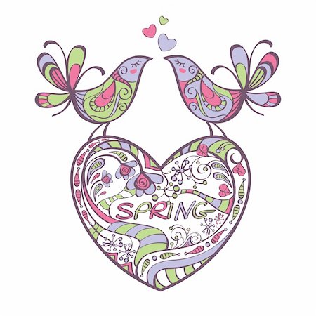 floral ornaments with flowers and birds - heart, birds, spring vector illustration Stock Photo - Budget Royalty-Free & Subscription, Code: 400-05673270