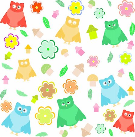 simsearch:400-06852125,k - Bright background with owls, leafs, mushrooms and flowers vector Foto de stock - Super Valor sin royalties y Suscripción, Código: 400-05673998