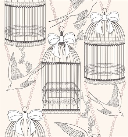 Seamless pattern with birdcages, flowers and birds. Floral and swallow background. Photographie de stock - Aubaine LD & Abonnement, Code: 400-05685179