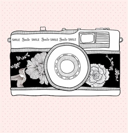 Background with retro camera. Vector illustration. Photo camera with flowers and birds. Camera with floral pattern. Stock Photo - Budget Royalty-Free & Subscription, Code: 400-05685268