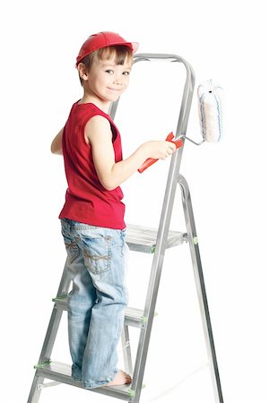 simsearch:400-04021777,k - Little worker with paint roller on stepladder isolated on white background Foto de stock - Royalty-Free Super Valor e Assinatura, Número: 400-05685609