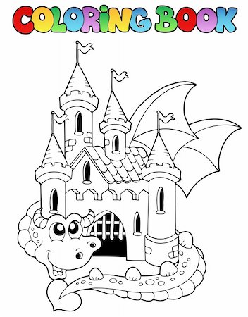 Coloring book castle and big dragon - vector illustration. Stock Photo - Budget Royalty-Free & Subscription, Code: 400-05686849