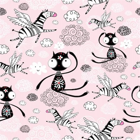 seamless pattern from black cats and funny flying zebras on a pink background with clouds Stock Photo - Budget Royalty-Free & Subscription, Code: 400-05687207