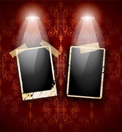 Antique distressed photoframes with old dirty look on a vintage seamless wallpaper. Frames are featured by led spotlights.Shadows are transparent. Stock Photo - Budget Royalty-Free & Subscription, Code: 400-05687338