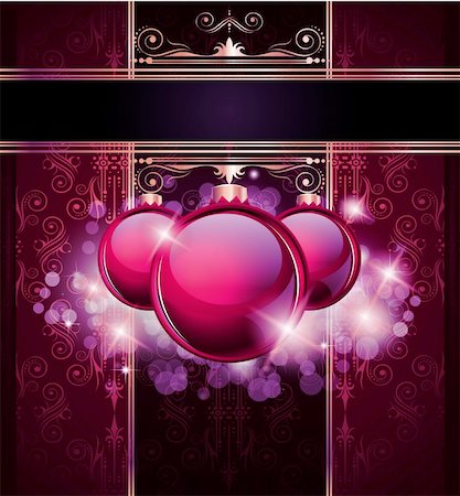 simsearch:400-06178863,k - Elegant Merry Christmas and Happy New Year background with vintage seamless wallpaper and glossy baubles. Stock Photo - Budget Royalty-Free & Subscription, Code: 400-05687348