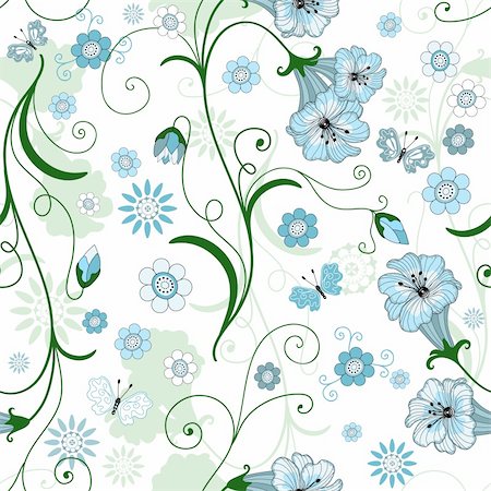 White seamless floral pattern with blue flowers and butterflies (vector) Stock Photo - Budget Royalty-Free & Subscription, Code: 400-05687869