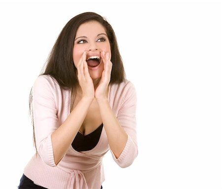 portrait screaming girl - beautiful brunette wearing casual outfit on white background Stock Photo - Budget Royalty-Free & Subscription, Code: 400-05688524