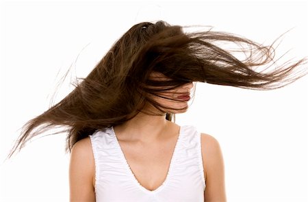 portrait of a woman shampooing her hair - beautiful brunette having fun on white background Stock Photo - Budget Royalty-Free & Subscription, Code: 400-05688576