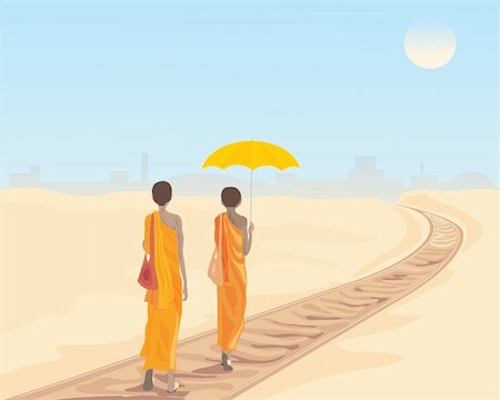 an illustration of two buddhist monks walking along a railway track with a city in the distance under a hot sun Foto de stock - Super Valor sin royalties y Suscripción, Código: 400-05688583