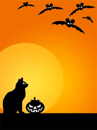 simsearch:400-07103646,k - Halloween Carved Pumpkin Black Cat Moon and Flying Bats Illustration Stock Photo - Budget Royalty-Free & Subscription, Code: 400-05689149