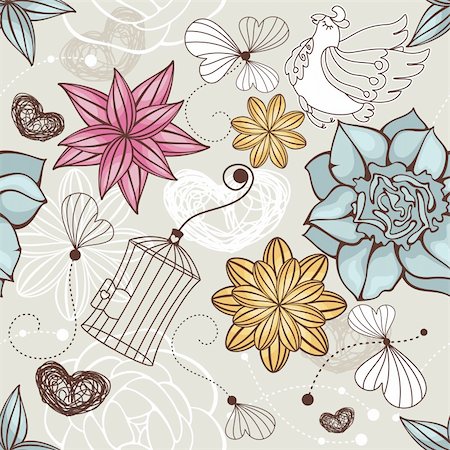 drawing and bird cage - abstract vector seamless floral background with bird Stock Photo - Budget Royalty-Free & Subscription, Code: 400-05680327