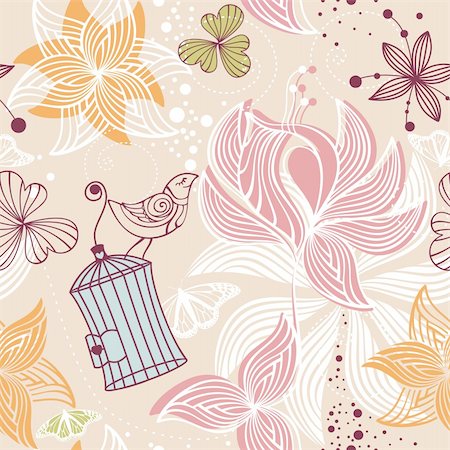 drawing and bird cage - abstract seamless cute floral background vector illustration Stock Photo - Budget Royalty-Free & Subscription, Code: 400-05680338
