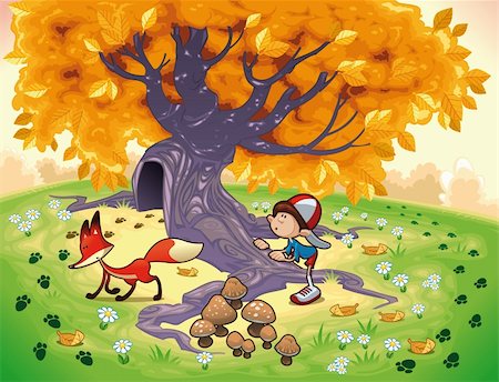 simsearch:400-04332610,k - Boy and Fox in the wood. Funny cartoon and vector illustration. Stock Photo - Budget Royalty-Free & Subscription, Code: 400-05680465