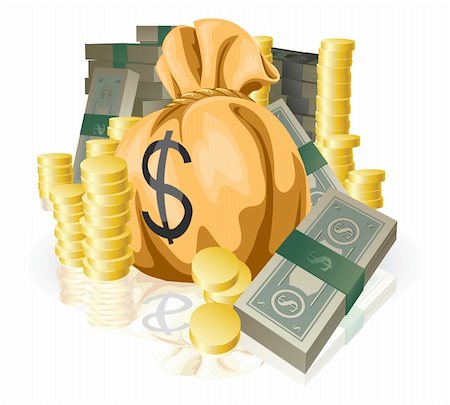 simsearch:400-06861194,k - Piles of money in the form of cash and gold coins, with big money sack. Stockbilder - Microstock & Abonnement, Bildnummer: 400-05680475