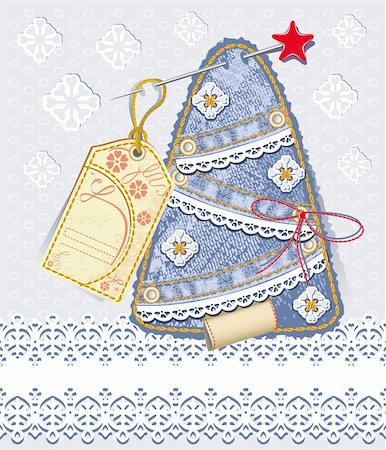 scrapbook cards christmas - Merry Christmas card. Background in jeans scrapbooking style. Denim tree with straight lace and vintage label Stock Photo - Budget Royalty-Free & Subscription, Code: 400-05680566