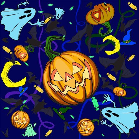 simsearch:400-05693480,k - The background for the celebration of Halloween. In the mess scattered pumpkins, bats and other attributes Stock Photo - Budget Royalty-Free & Subscription, Code: 400-05680611