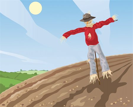 espantalho - an illustration of a scarecrow in a plowed field with patchwork fields in the background under a blue sky Foto de stock - Super Valor sin royalties y Suscripción, Código: 400-05680676