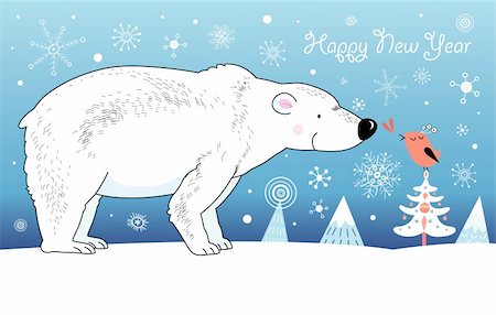 Christmas card with a white bear and bird graphic on a blue background with snowflakes Stock Photo - Budget Royalty-Free & Subscription, Code: 400-05680684