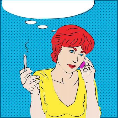 A pop art style portrait of a red-headed girl talking on the phone and smoking Stock Photo - Budget Royalty-Free & Subscription, Code: 400-05680917
