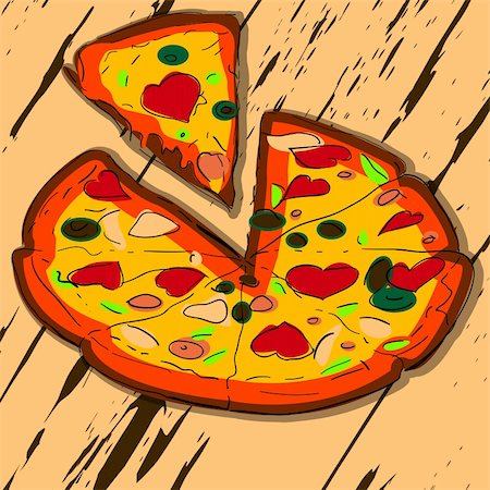 slices tomato sketch - Juicy hot, sliced pizza. Grunge sketch. Foto de stock - Super Valor sin royalties y Suscripción, Código: 400-05680910