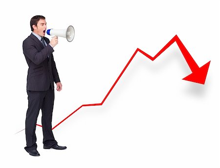 Unsuccessful businessman using a megaphone with a curve going down Stock Photo - Budget Royalty-Free & Subscription, Code: 400-05681026