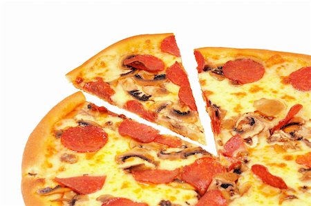 A pizza  with  pepperoni and slice. Isolated on white. Stockbilder - Microstock & Abonnement, Bildnummer: 400-05682422