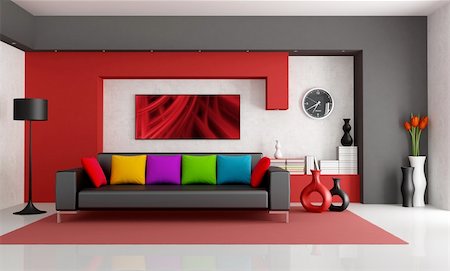 red cushion on a sofa - Red white and black modern living room with black couch - rendering- the art picture on wall is a my composition Stock Photo - Budget Royalty-Free & Subscription, Code: 400-05682845