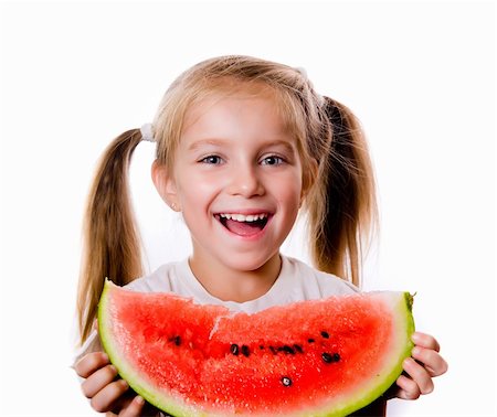 poco appetitoso - little girl eating big piece of watermelon isolated on white Photographie de stock - Aubaine LD & Abonnement, Code: 400-05682872