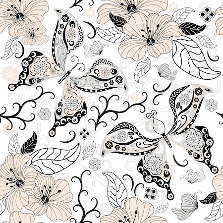 simsearch:400-05922161,k - Gentle  white seamless floral pattern with pastel flowers and butterflies (vector) Photographie de stock - Aubaine LD & Abonnement, Code: 400-05682940