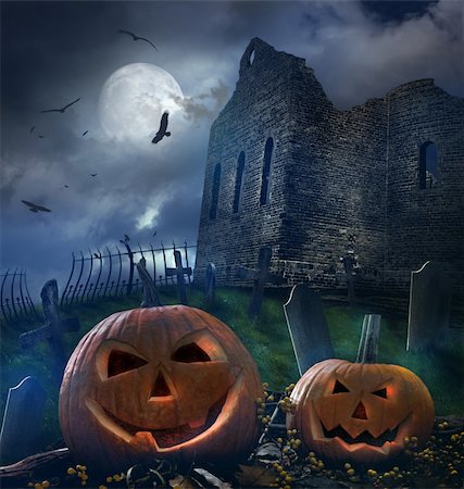 Pumpkins in graveyard with church ruins Stock Photo - Budget Royalty-Free & Subscription, Code: 400-05683275