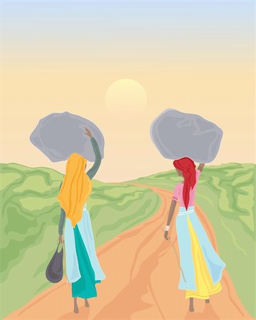 an illustration of two tea pickers walking down a track with full sacks of tea leaves under a sunset sky Photographie de stock - Aubaine LD & Abonnement, Code: 400-05683292