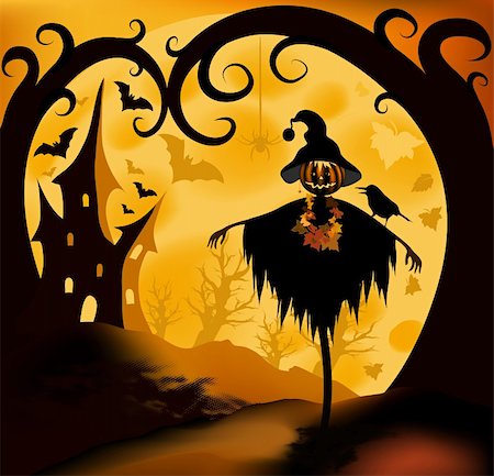 simsearch:400-05680756,k - Halloween illustration background with scarecrow; moon and castle Stock Photo - Budget Royalty-Free & Subscription, Code: 400-05683349