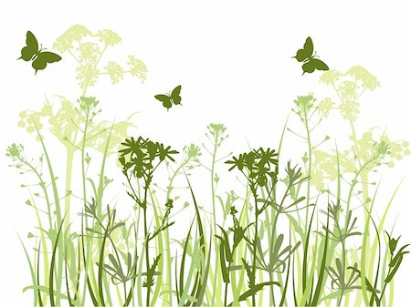floral vector retro banner green - background with green grass, camomile flowers  and butterfly Stock Photo - Budget Royalty-Free & Subscription, Code: 400-05683502
